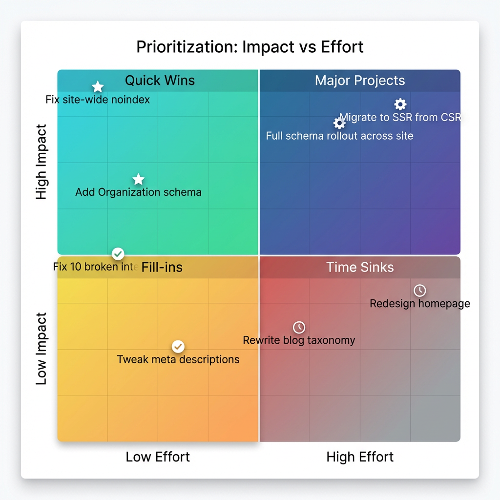 Impact vs. effort prioritization quadrant: quick wins, major projects, fill-ins, time sinks