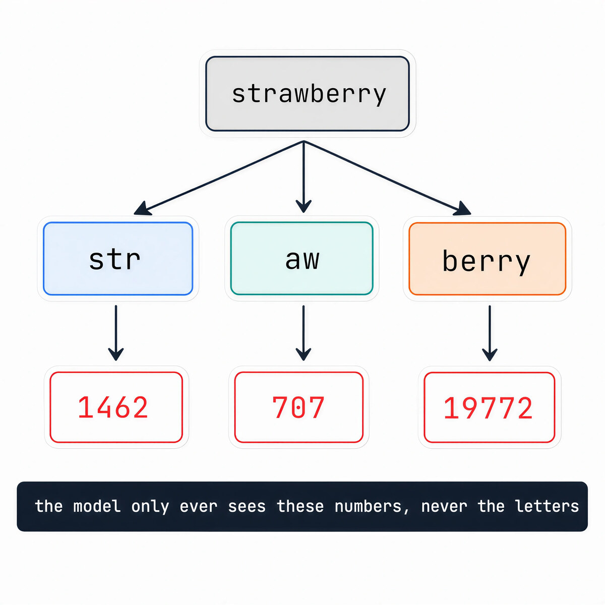 The word strawberry split into the subword tokens str, aw, and berry, each mapped to an integer ID; the model only sees the numbers.