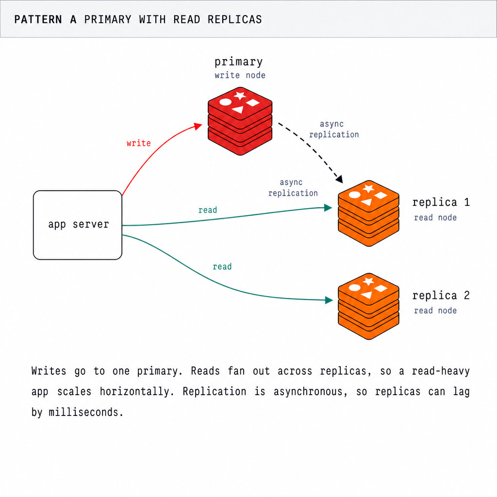 Redis Pattern A, a primary with read replicas. Writes go to one primary. Reads fan out across replicas, so a read-heavy app scales horizontally. Replication is asynchronous, so replicas can lag by milliseconds. Pair this with Sentinel and a failed primary is promoted automatically.