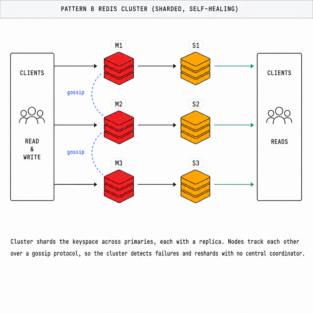 Redis Pattern B, a sharded self-healing Redis Cluster. Cluster shards the keyspace across primaries M1 to M3, each with a replica. Nodes track each other over a gossip protocol, so the cluster detects failures and reshards without a central coordinator. This is how Redis scales past one machine's memory.